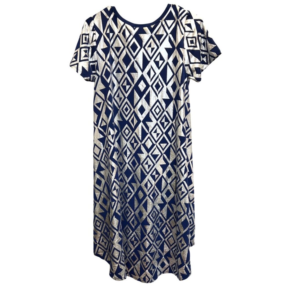 LuLaRoe Blue & Silver Geometric Print Short Sleeve Small Dress Front Pocket - Picture 2 of 2